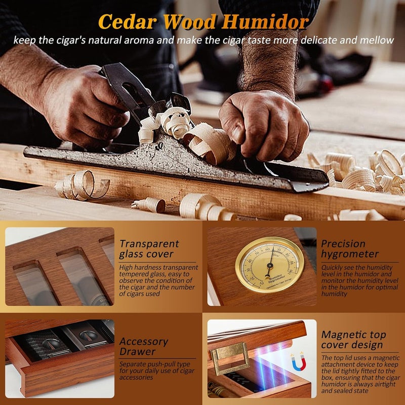 SEMKONT Cigar Humidor, Vintage Lock & Accessory Drawer Cedar Wood Humidor, Recessed Hygrometer Glass Top Desktop Cigar Box, with Humidifier, Cigar Lighter and Dropper,Hold 20-35 Cigars - Image 3